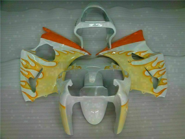 Inexpensive 2000-2002 White Yellow Flame Kawasaki ZX6R Bike Fairings Inexpensive 2000-2002 White Yellow Flame Kawasaki ZX6R Bike Fairings