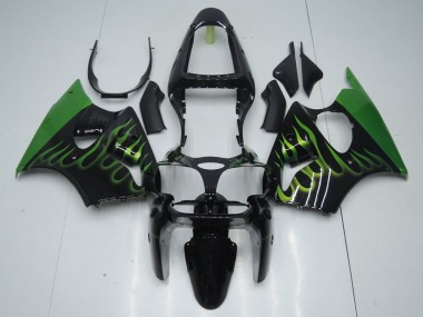 Inexpensive 2000-2002 Black with Green Flame Kawasaki ZX6R Motorcyle Fairings