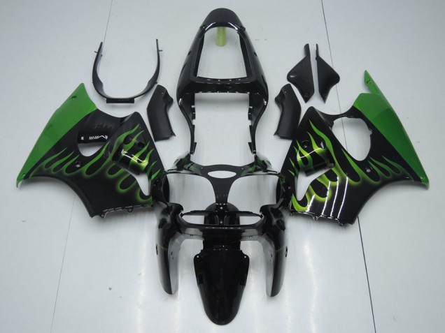 Inexpensive 2000-2002 Black with Green Flame Kawasaki ZX6R Motorcyle Fairings
