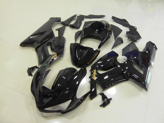 Inexpensive 2005-2006 Glossy Black Gold Decals Kawasaki ZX6R Motorcycle Fairings Kits Inexpensive 2005-2006 Glossy Black Gold Decals Kawasaki ZX6R Motorcycle Fairings Kits