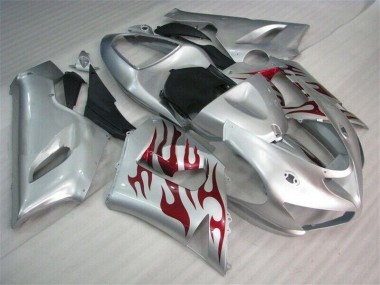 Inexpensive 2005-2006 Silver Red Flames Kawasaki ZX6R Motorcycle Fairings