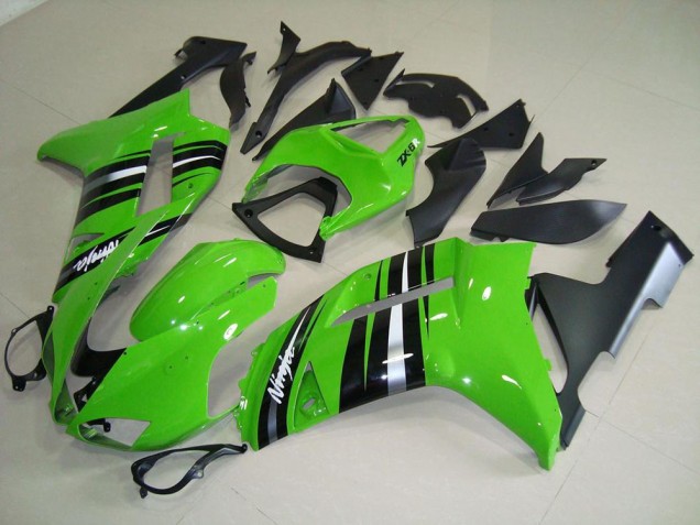 Inexpensive 2007-2008 Green and Silver Stripe Kawasaki ZX6R Motorcycle Fairings Kits