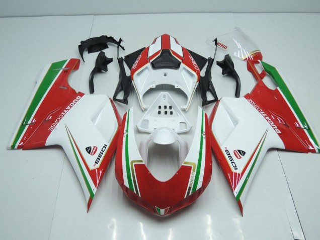 Inexpensive 2007-2014 White and Red with Green Stripe Ducati 848 1098 1198 Motorcylce Fairings