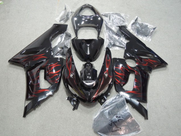 Inexpensive 2005-2006 Black Red Flame Kawasaki ZX6R Moto Fairings