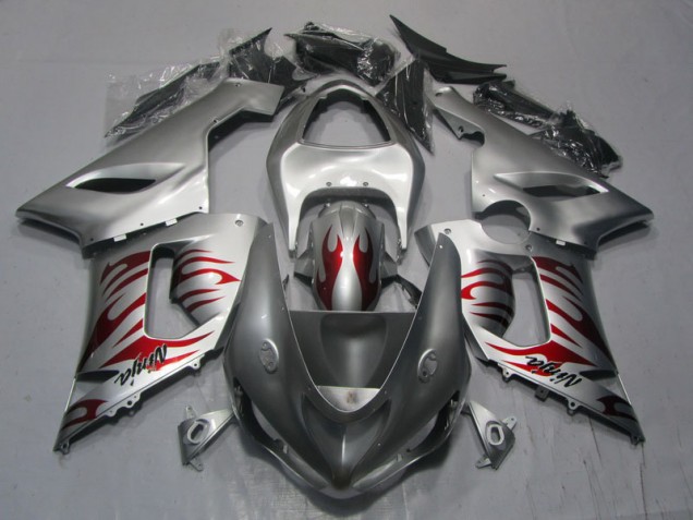 Inexpensive 2005-2006 Silver Red Flame Ninja Kawasaki ZX6R Motorcycle Replacement Fairings Inexpensive 2005-2006 Silver Red Flame Ninja Kawasaki ZX6R Motorcycle Replacement Fairings